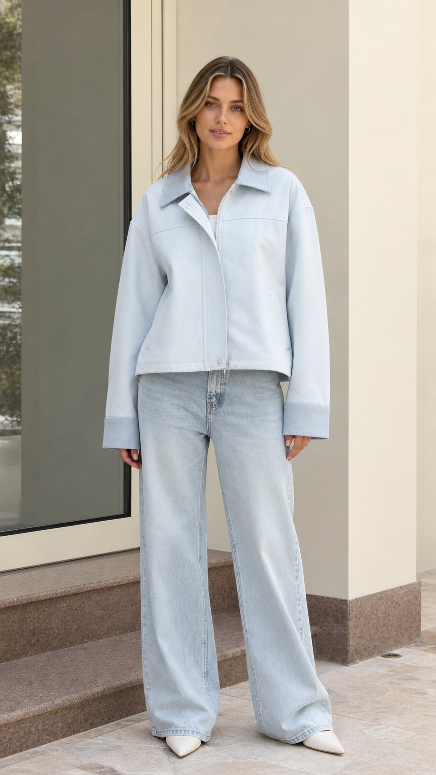 Front view of model wearing light blue cropped zip-up utility jacket with light wash jeans