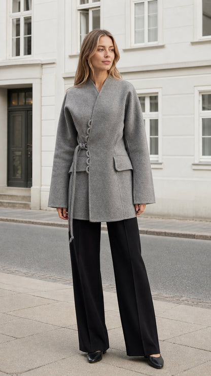 Front view of a women's heather gray belted wrap coat with loop-button detail and flap pockets