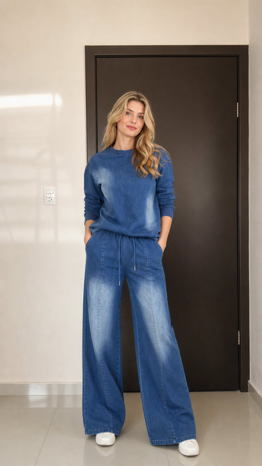 Front view of model wearing the Denim Blue washed long-sleeve top and wide-leg pants two-piece set