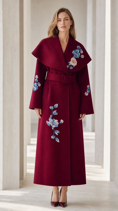 Front view of Burgundy floral embroidered long trench coat