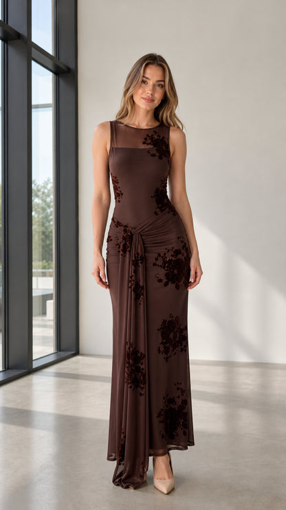 Front view of brown floral applique maxi dress