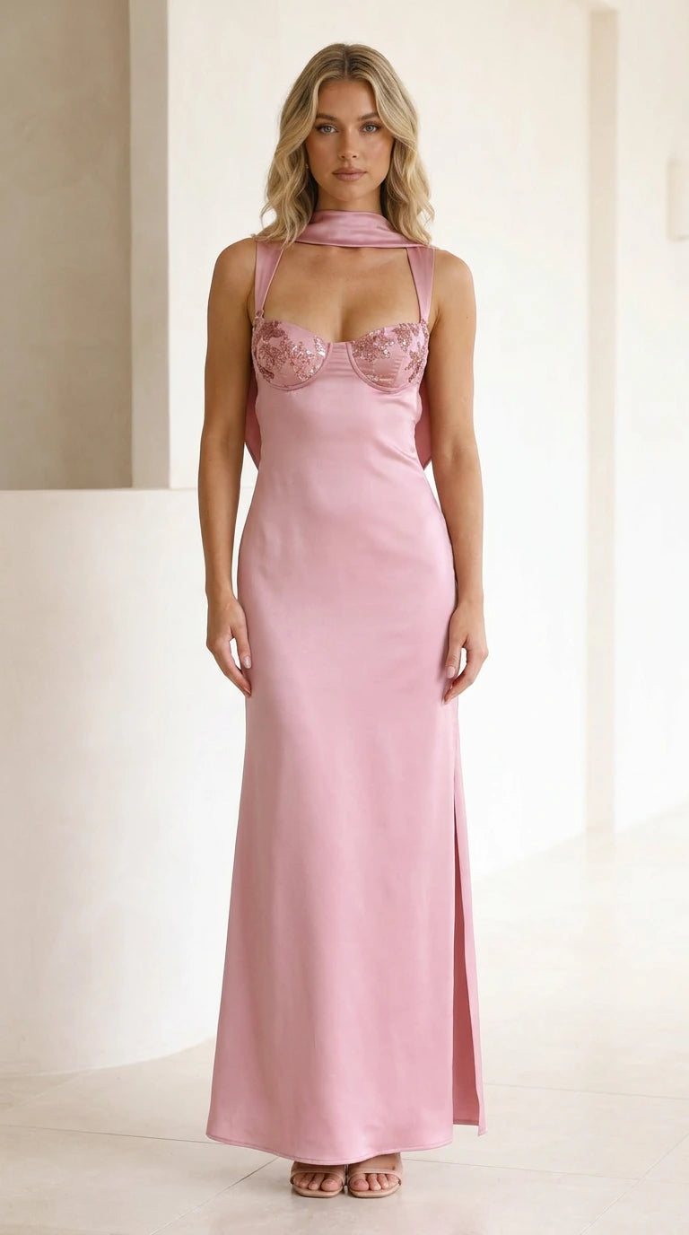 Front view of pink satin sequin maxi dress with choker