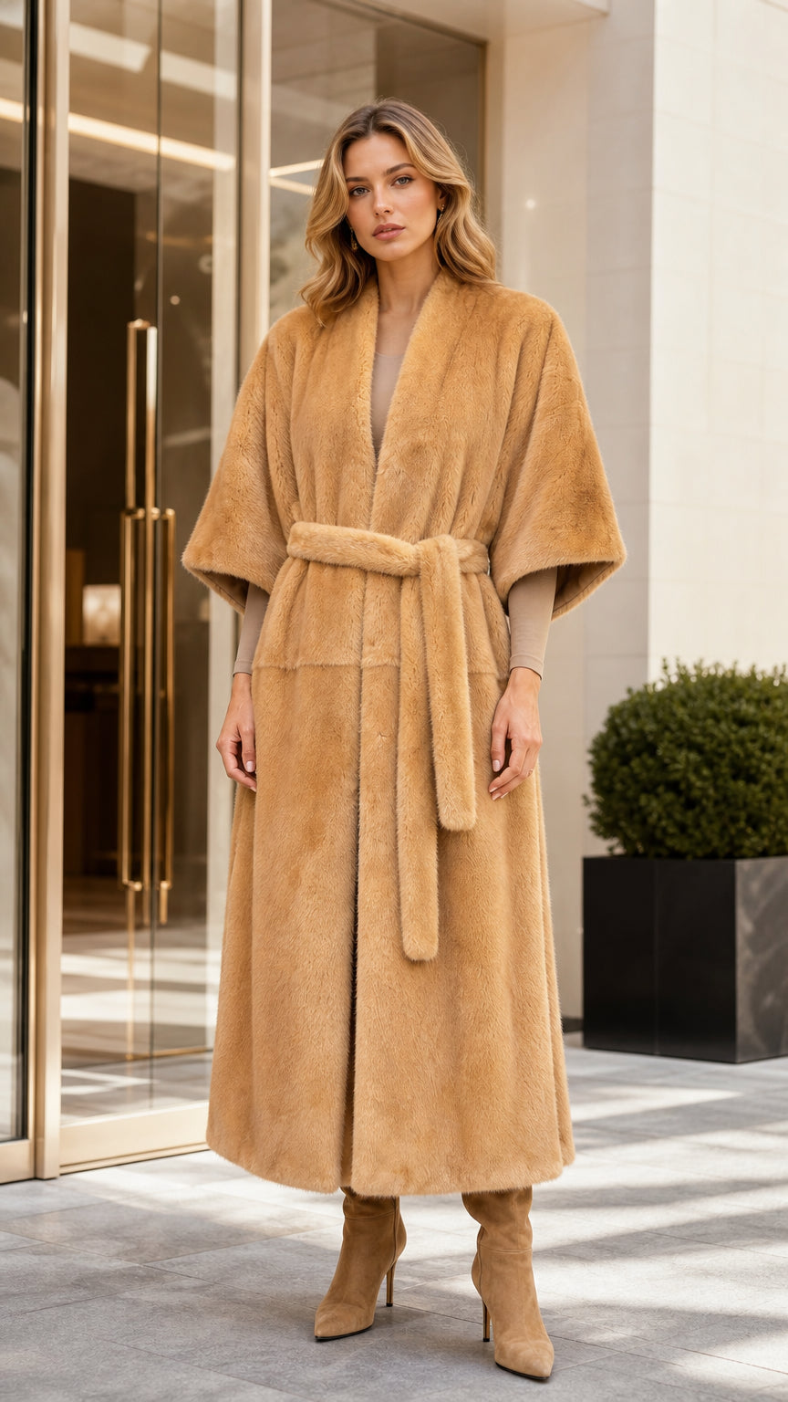 Front view of woman wearing long camel faux fur coat with tie belt