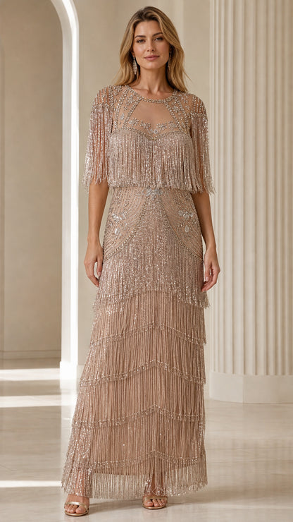 Front view of Champagne Beaded Fringe Evening Dress