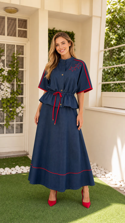 Front view of Navy Blue star embroidered two-piece maxi dress set