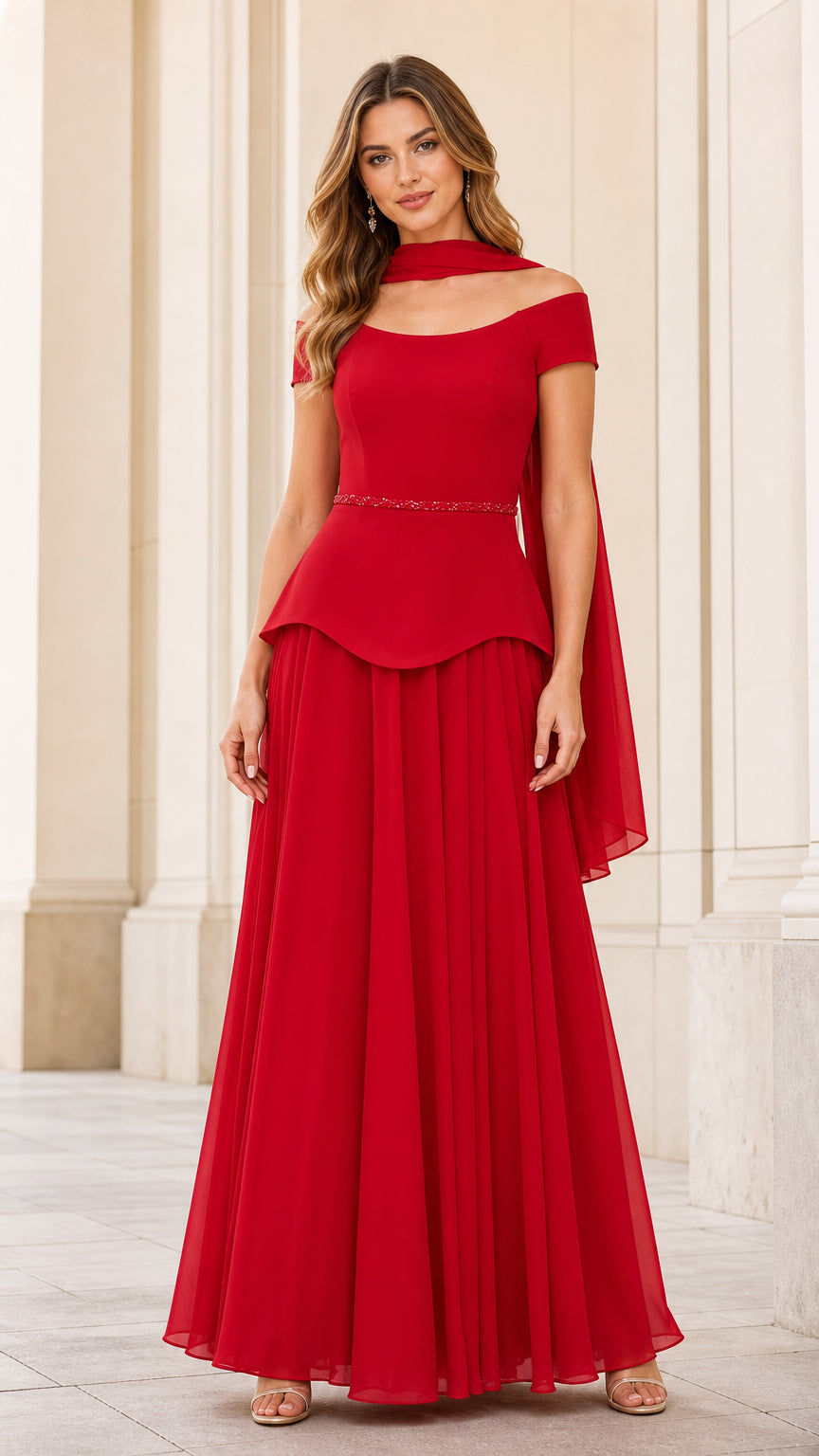 Front view of elegant red off-shoulder peplum chiffon evening gown