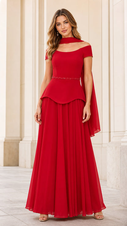 Front view of elegant red off-shoulder peplum chiffon evening gown