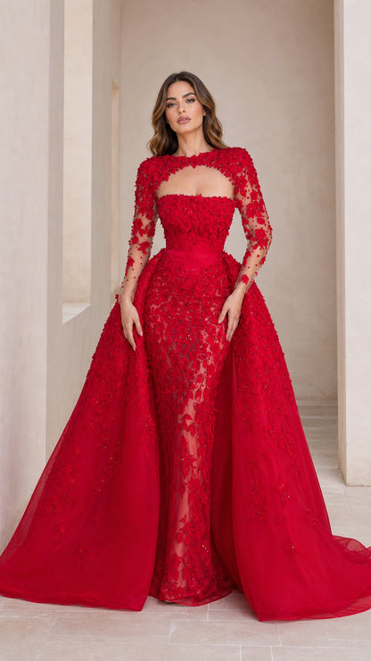 Front view of red sequin mermaid evening dress with overskirt