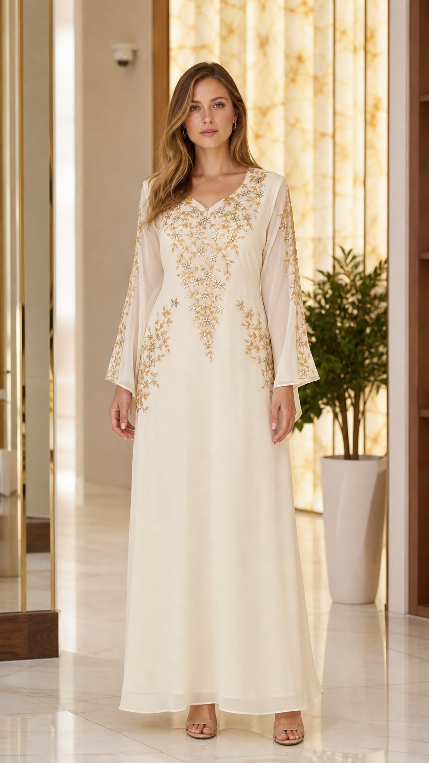 Front view of Ivory embroidered long sleeve kaftan maxi dress