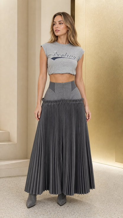 Front view of charcoal pleated maxi skirt set