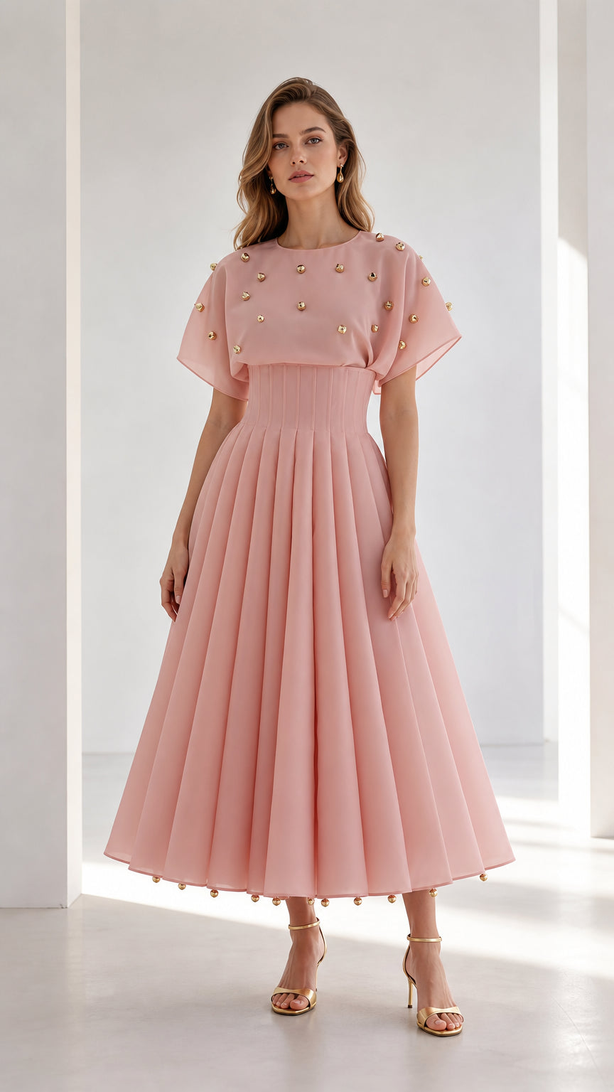 Front full view of woman wearing blush pink pleated midi dress with flutter sleeves and gold studs