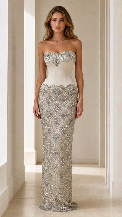 Front view of champagne sequin strapless evening gown