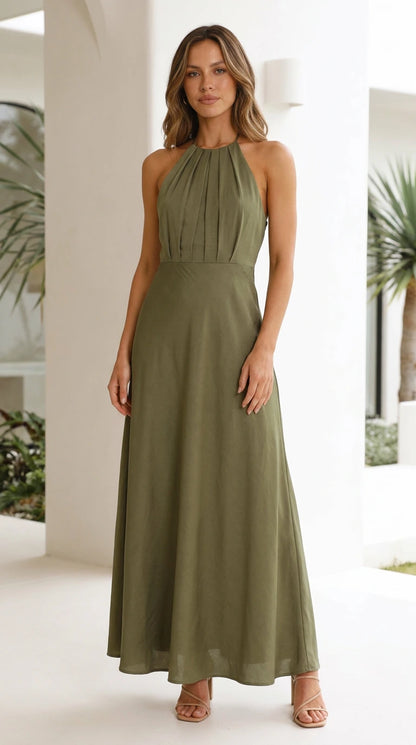 Elegance Halter Pleated Maxi Dress in Olive front view