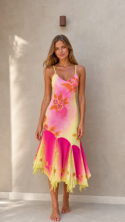 Front full view of Yellow Pink floral midi slip dress