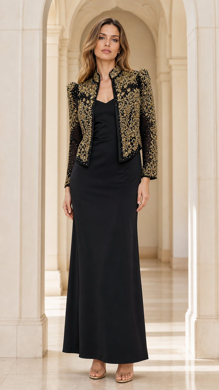 Front view of black beaded bolero jacket and long dress set