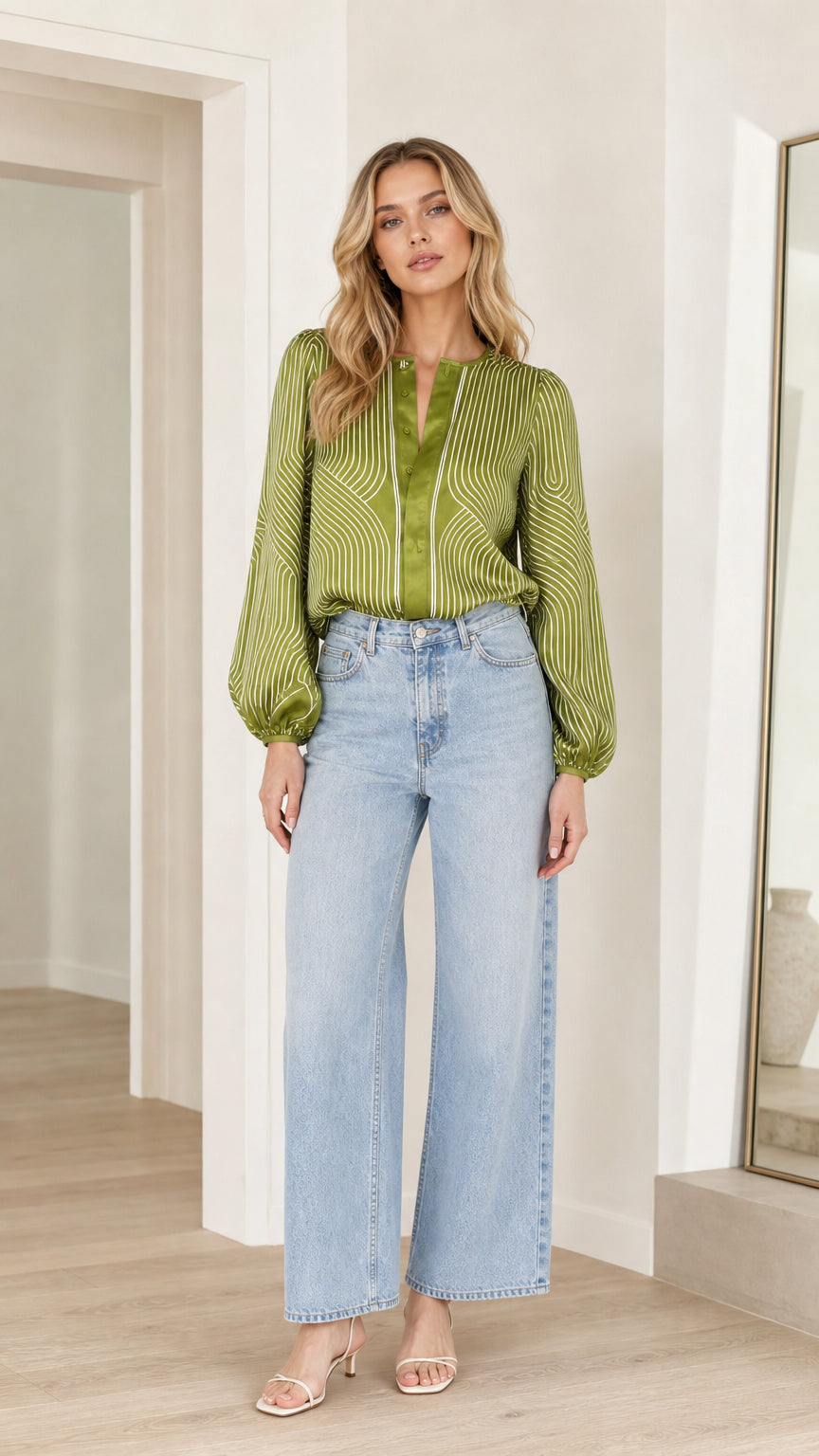 Model wearing olive striped satin blouse and wide-leg jeans, front view