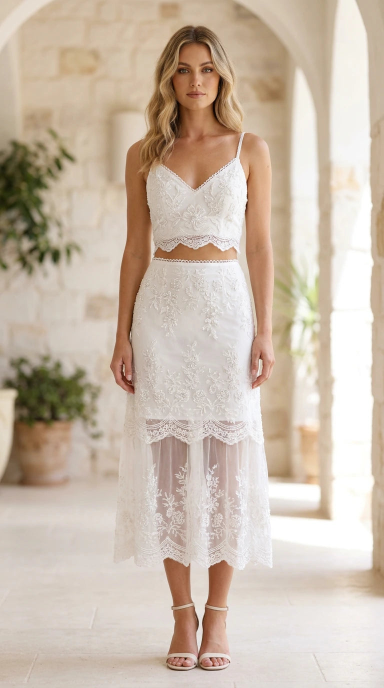 Elegance embroidered lace two-piece midi set in white, front view