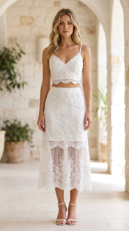 Elegance embroidered lace two-piece midi set in white, front view