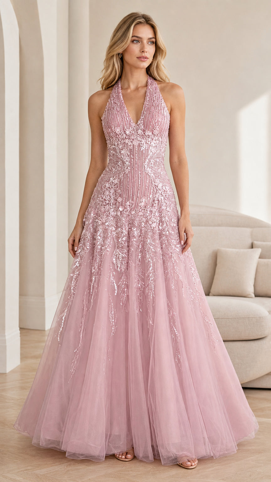 Front view of pink halter neck embroidered evening gown