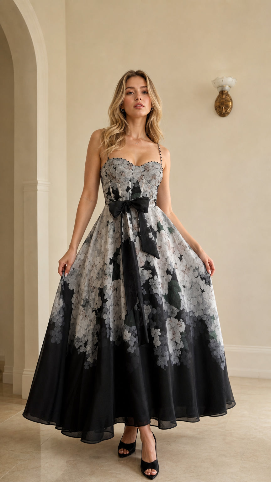 Front view of model wearing black floral ombre maxi dress