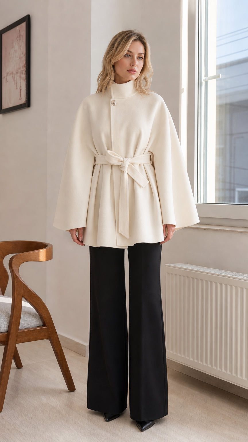 Front view of woman wearing cream high-neck belted cape coat with black trousers