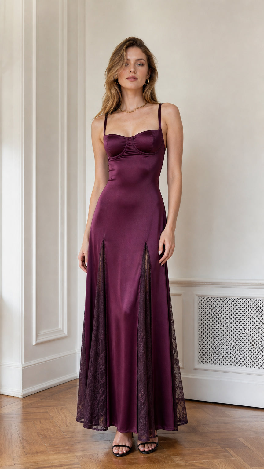 Model wearing plum satin lace-inset maxi slip dress front view