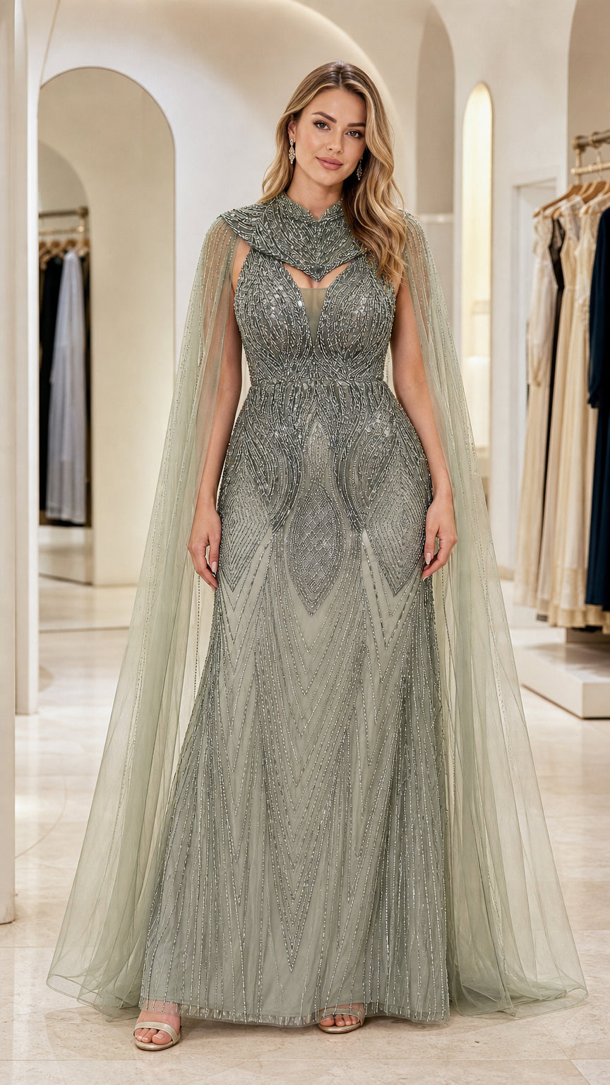 Sage Green beaded floor-length evening gown with flowing sheer tulle cape front view