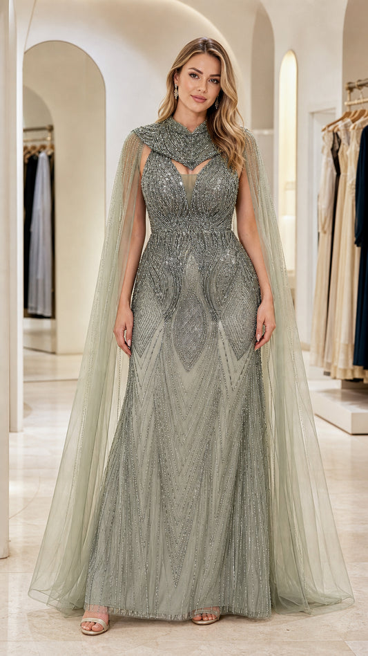 Sage Green beaded floor-length evening gown with flowing sheer tulle cape front view
