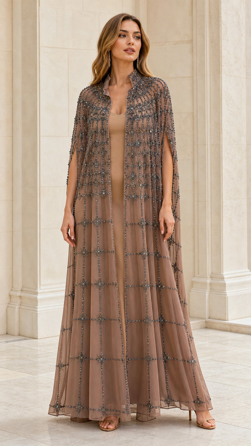 Front view of taupe embellished floor-length evening cape and gown set