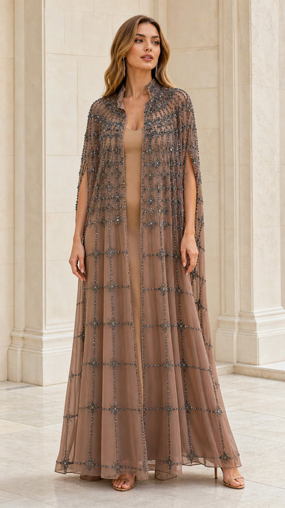 Front view of taupe embellished floor-length evening cape and gown set