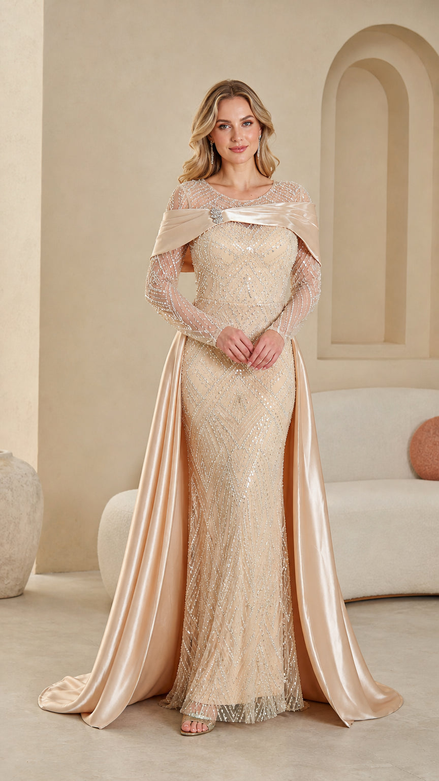 Front view of champagne sequin long sleeve evening gown with satin drape and train