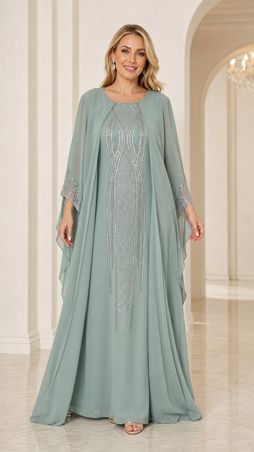 Full front view of sage green rhinestone cape maxi evening dress