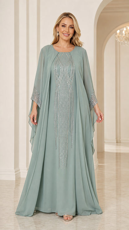 Full front view of sage green rhinestone cape maxi evening dress