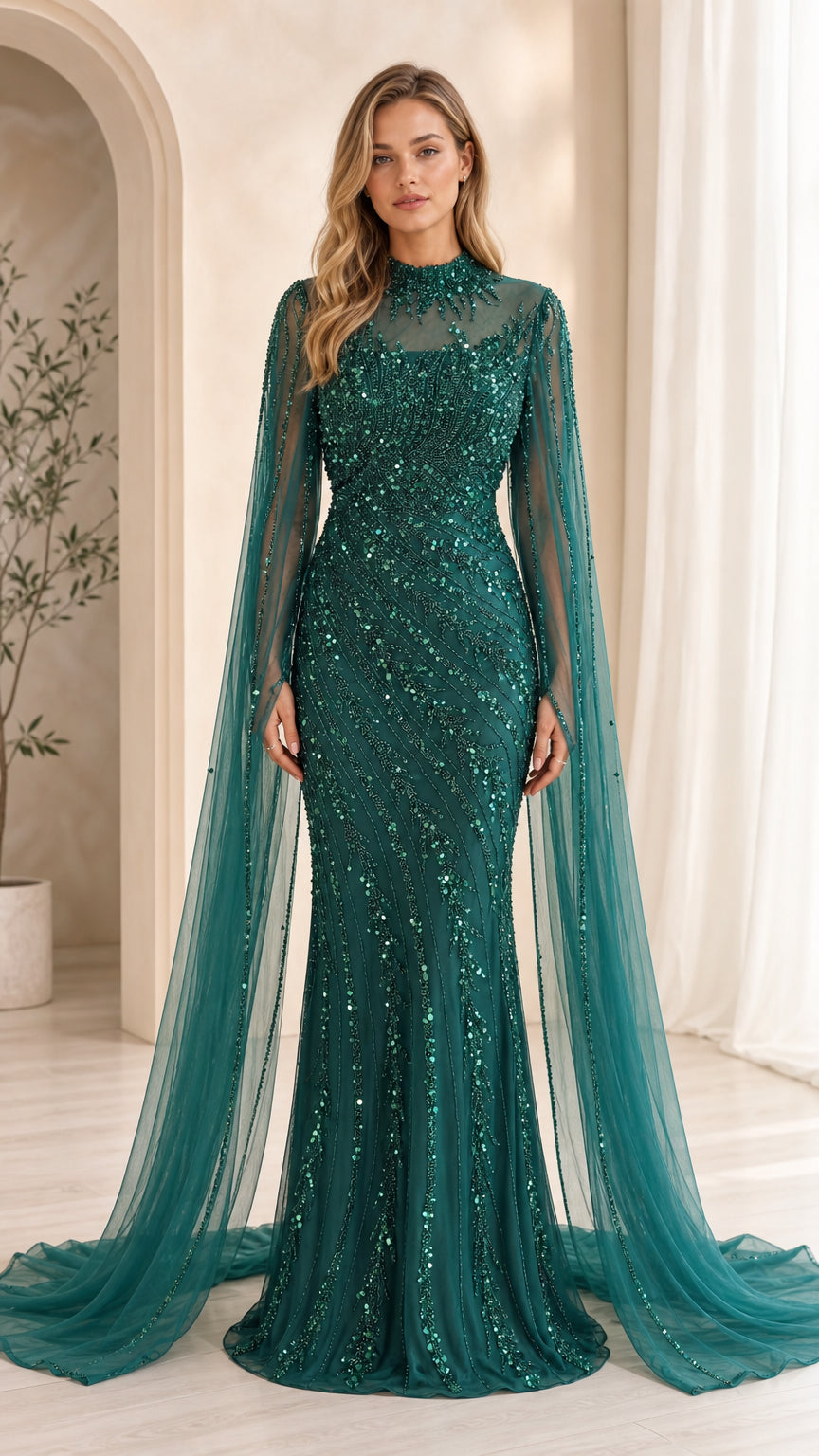 Front view of emerald green sequin evening gown with cape