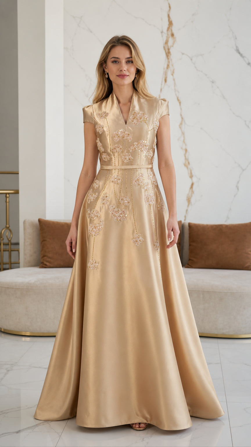 Front view of model wearing champagne gold embroidered satin evening gown