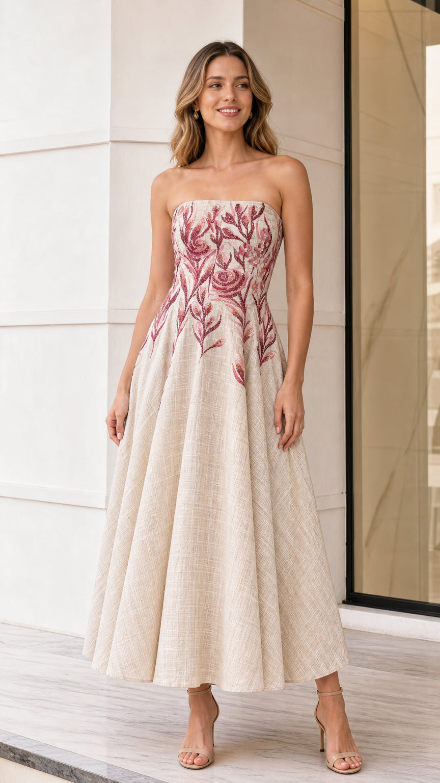 Front view of model wearing beige strapless embroidered midi dress