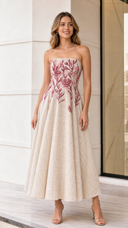 Front view of model wearing beige strapless embroidered midi dress