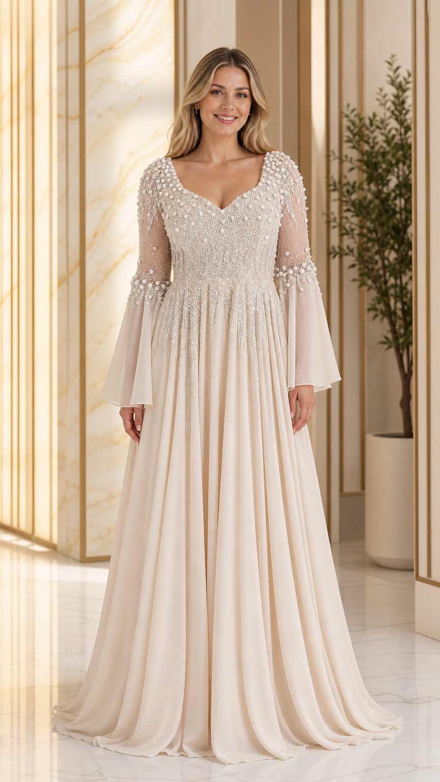 Front view of champagne pearl-embellished bell sleeve A-line evening maxi gown
