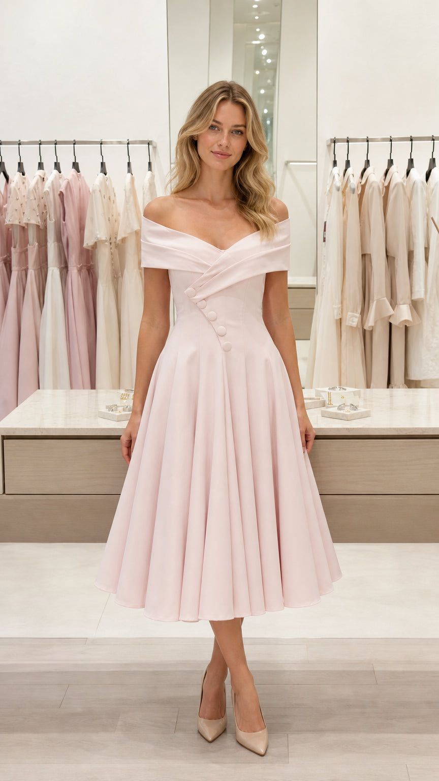 Front view of model wearing blush pink off-shoulder pleated midi dress