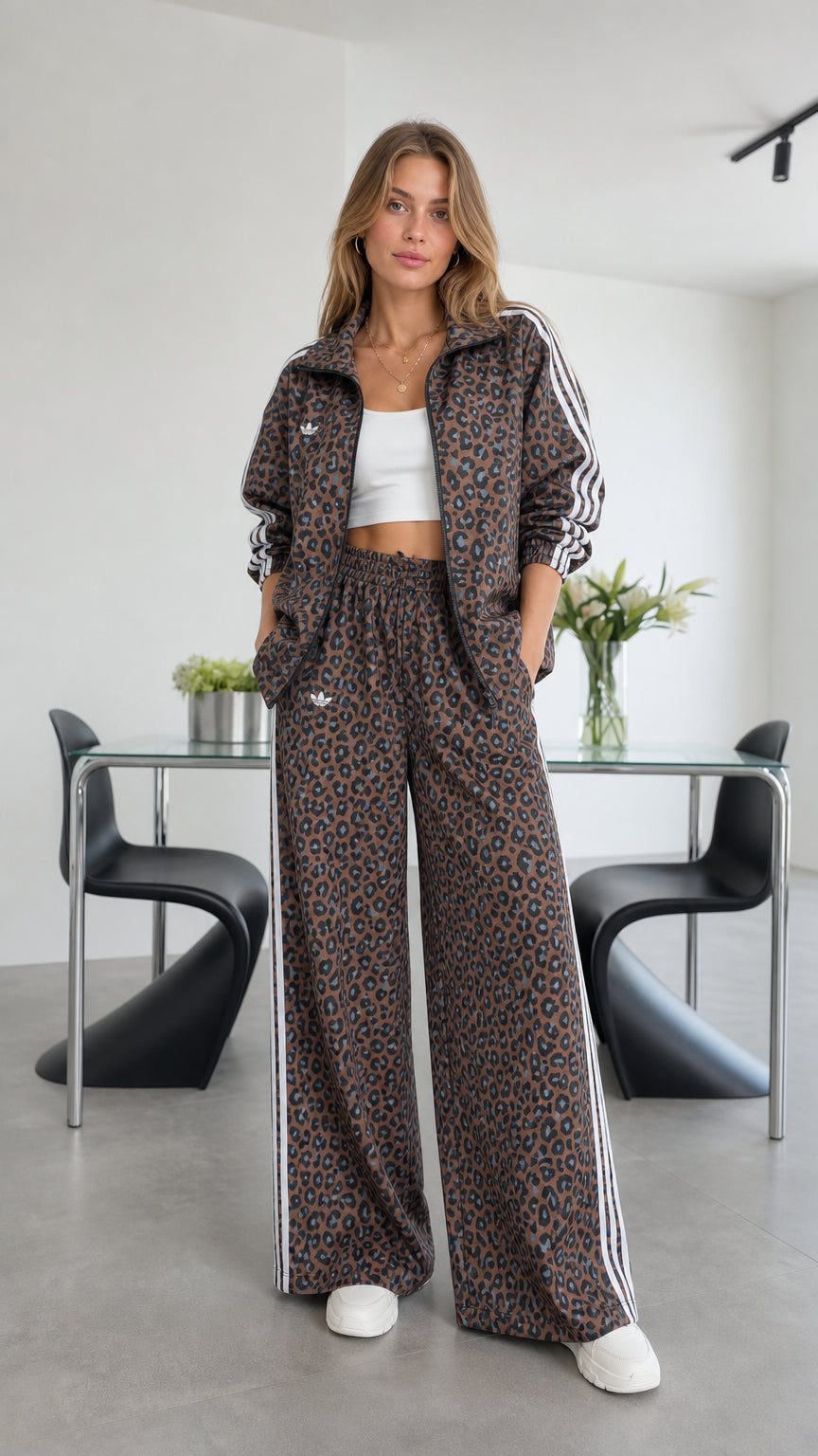 Front view of model wearing brown leopard print track set with wide-leg pants