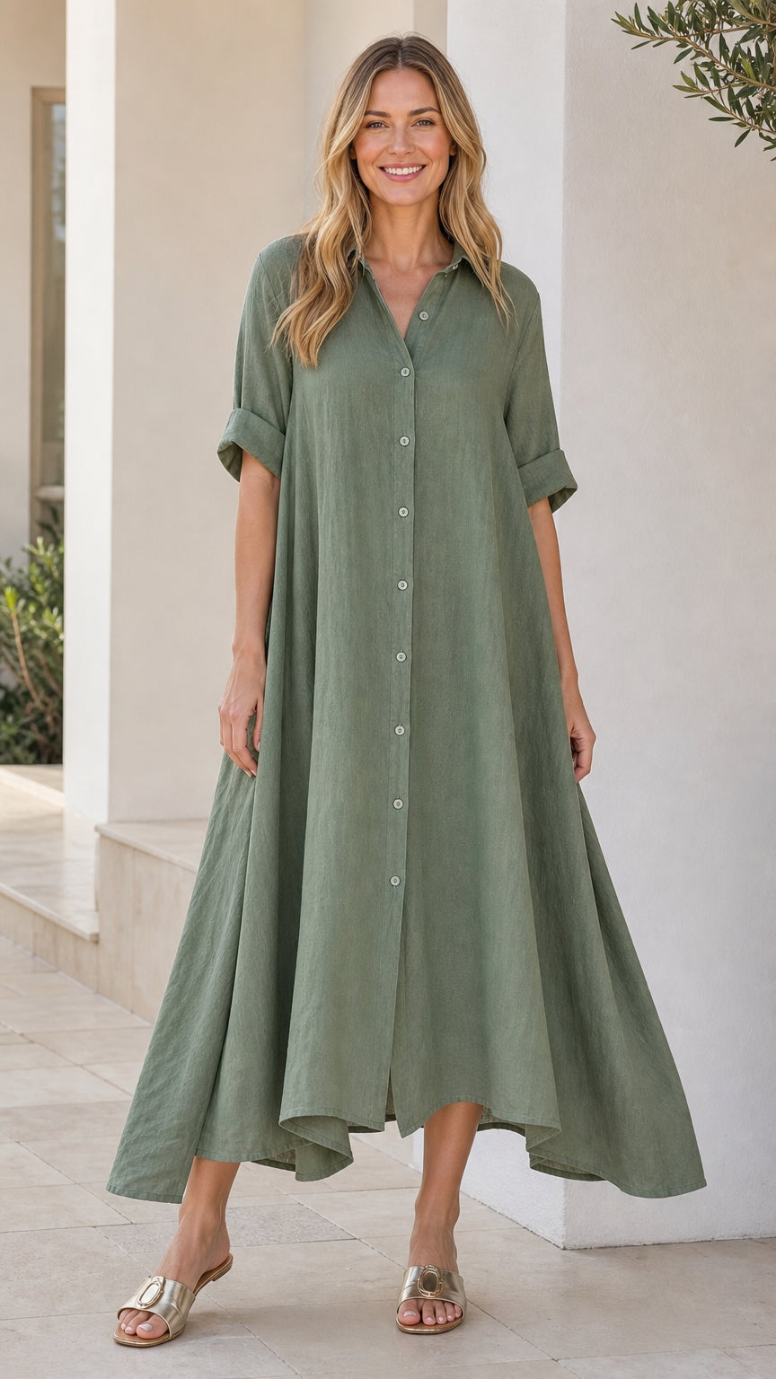 Front view of woman wearing sage green button-down midi shirt dress