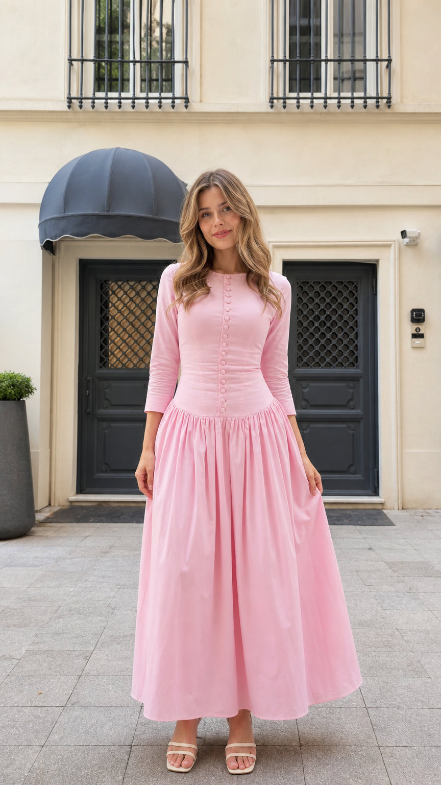 Front view of model wearing pink 3/4 sleeve pleated button-front maxi dress