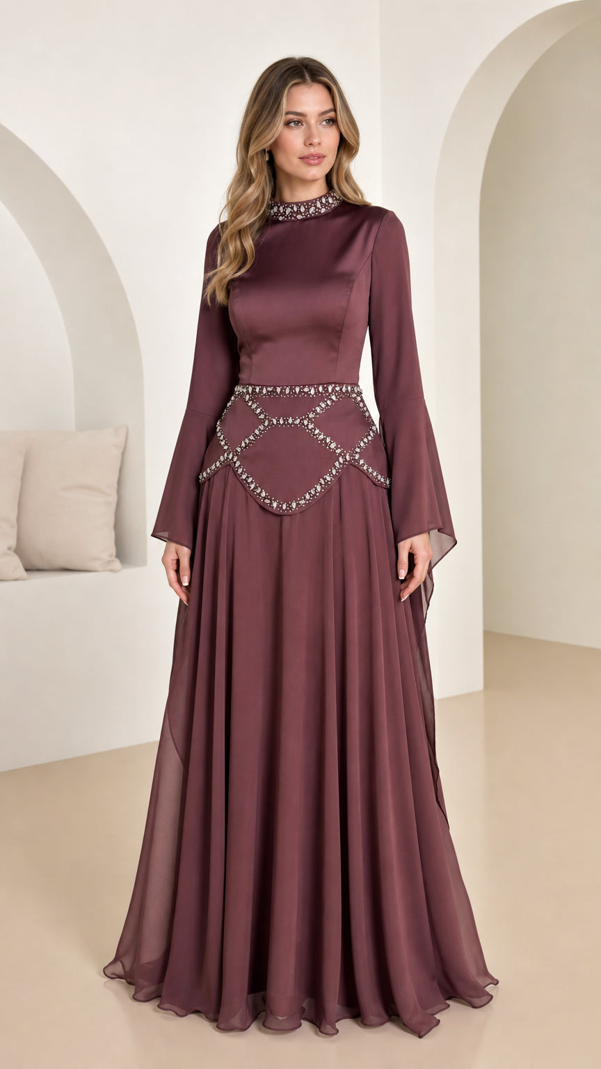 Front view of burgundy rhinestone embellished long sleeve maxi dress