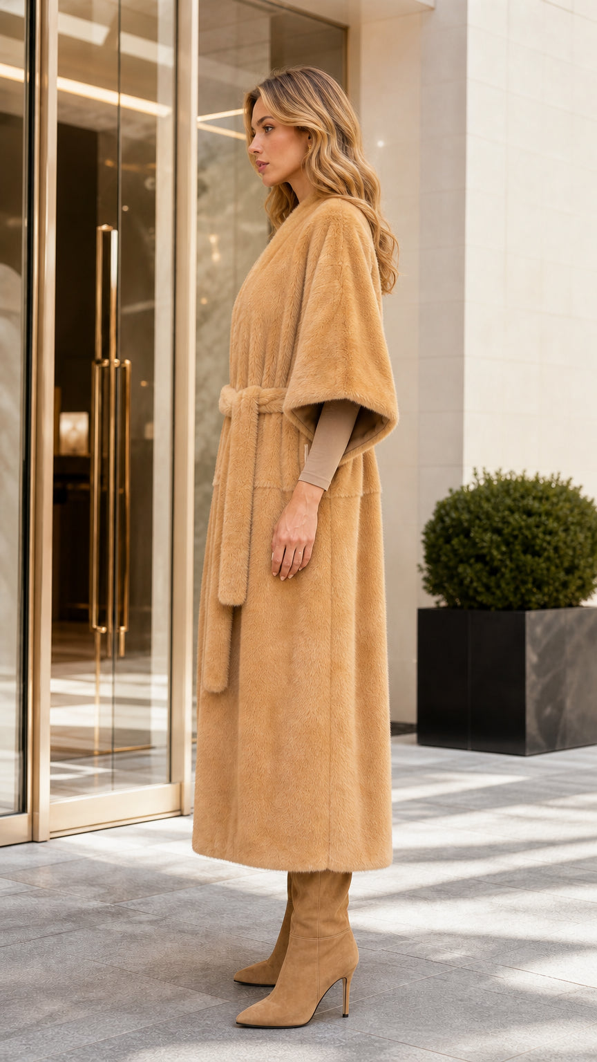 Side profile of woman in camel faux fur coat and boots