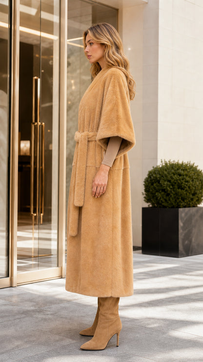 Side profile of woman in camel faux fur coat and boots