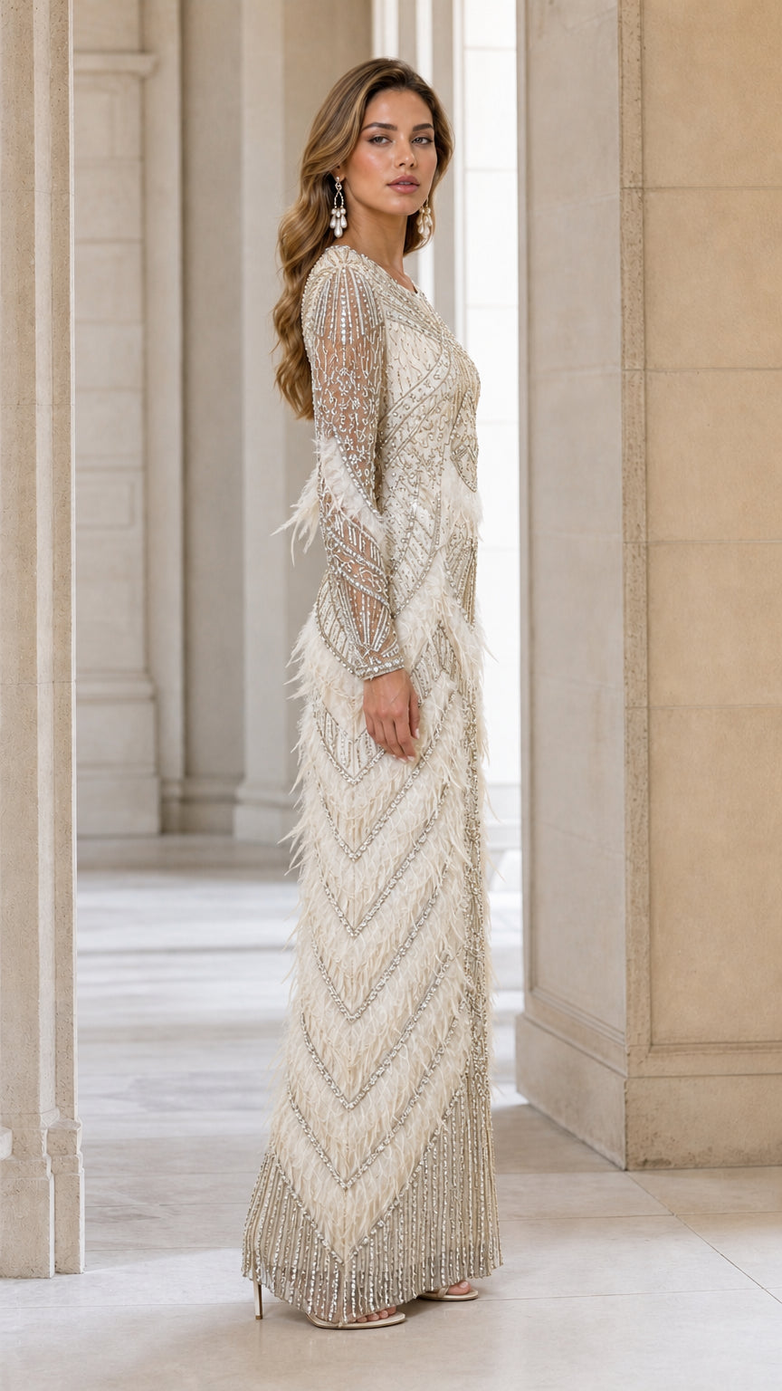 Side profile view of Champagne beaded maxi dress