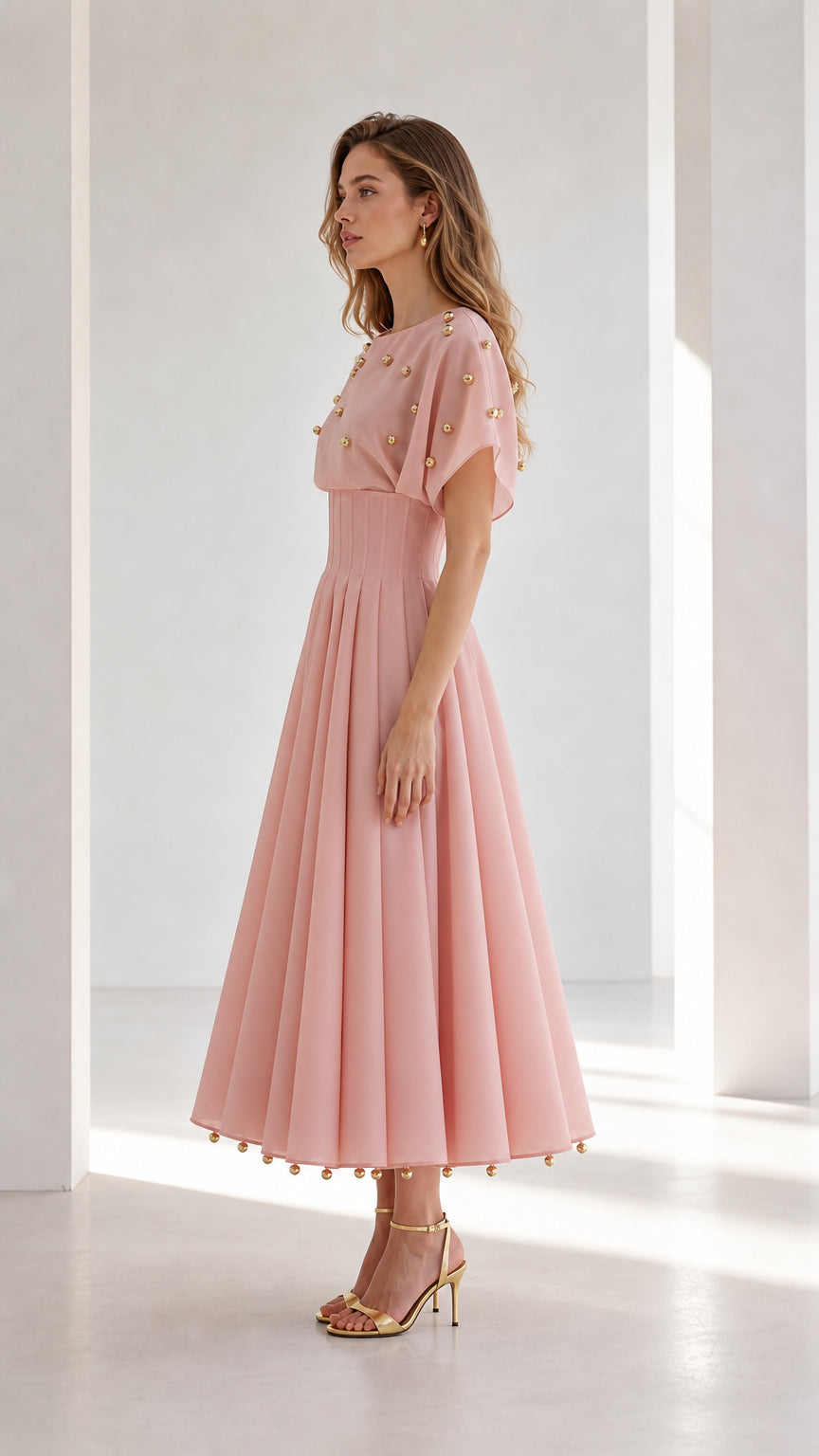 Side profile view of blush pink studded pleated midi dress