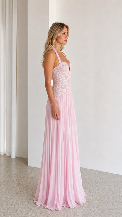 Pink formal evening dress side profile view