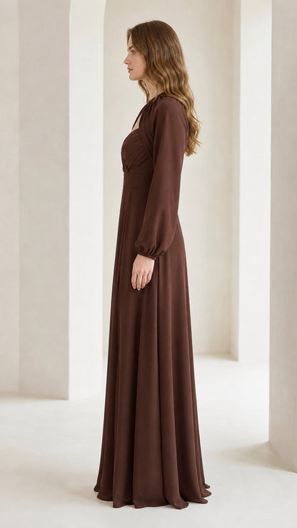 Side profile of brown evening maxi dress