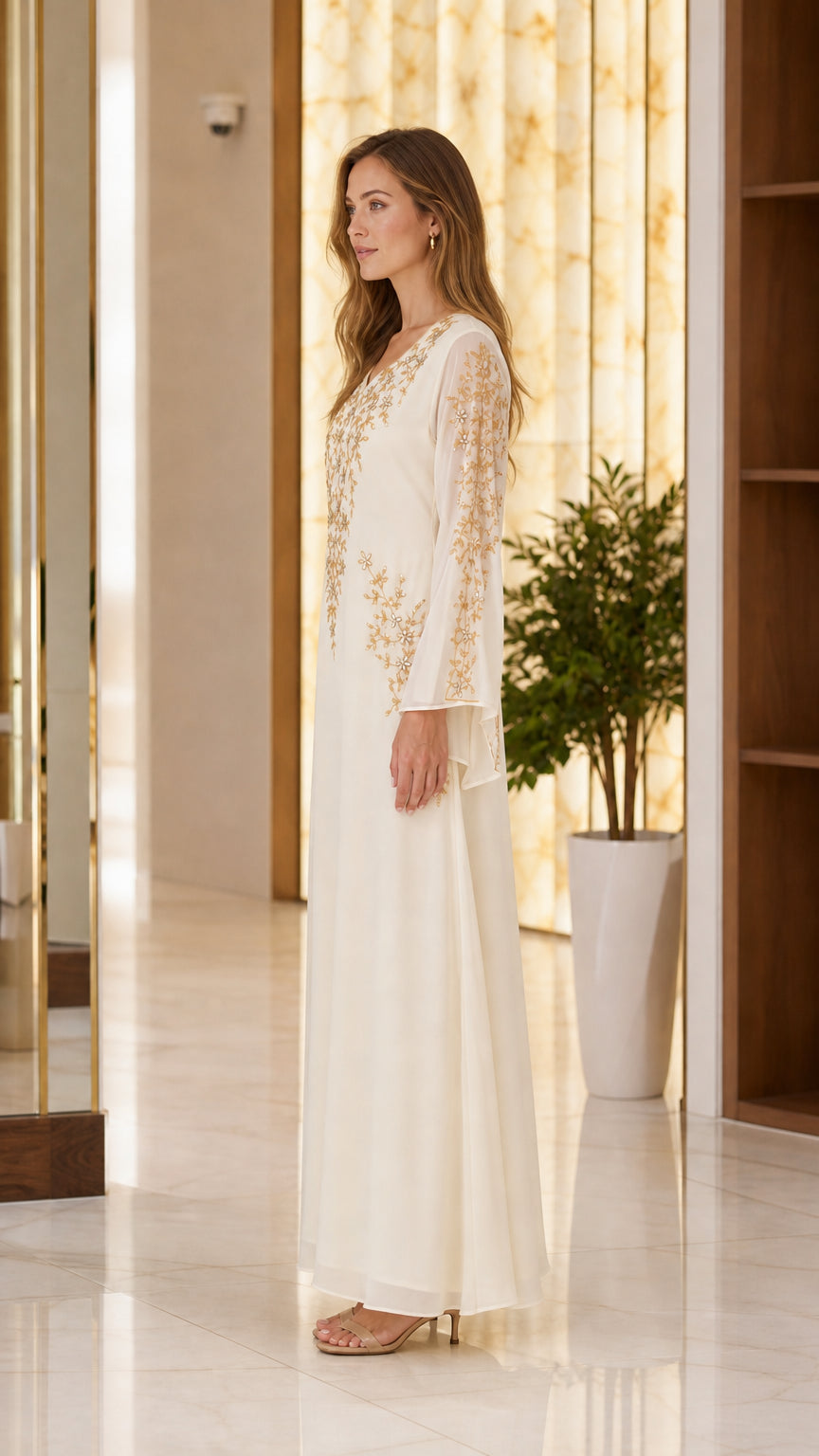 Side profile of Ivory kaftan maxi dress with gold floral embroidery
